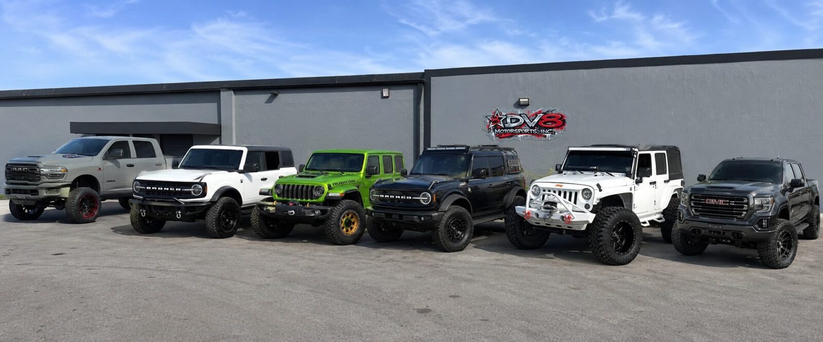 Custom lift kits Jupiter West Palm Beach FL — lifted trucks Broncos Jeeps DV8 Motorsports Lake Park